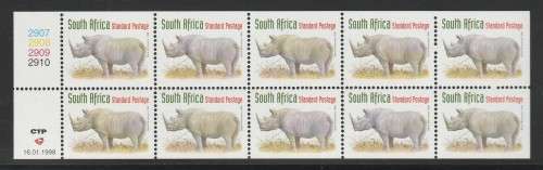 RSA 1998 REDRAWN RHINO SP MNH BOOKLET PANE WITH COLOUR LOGO DATED 1998/1/16 ON COATED PAPER