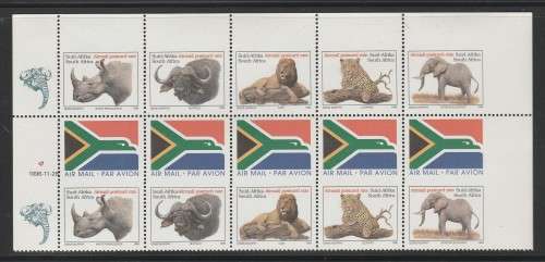 RSA 1996 BIG 5 WITH AIRMAIL LABELS MNH MARGINAL BLOCK DATED 96/11/28 WITH MULTIPLE IMPERFS