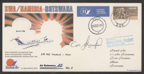 Aviation 1989 Namib Air flight cover #31 inaugural flight signed by captain