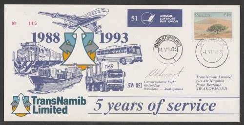 Aviation 1993 Namib Air flight cover #51 Trans Namib signed and numbered