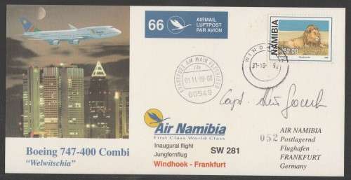 Aviation 1999 Namib Air flight cover #66 Boeing 747-400 Combi numbered and signed