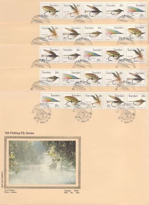 TRANSKEI 1984 FISHING FLIES SET OF 5 LIMITED EDITION SILK FDC 1/84
