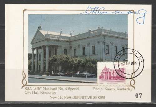 RSA 1984 11c DEFINITIVE MAXISILK CARD #4S SIGNED BY MAYOR DA LIEBENBERG