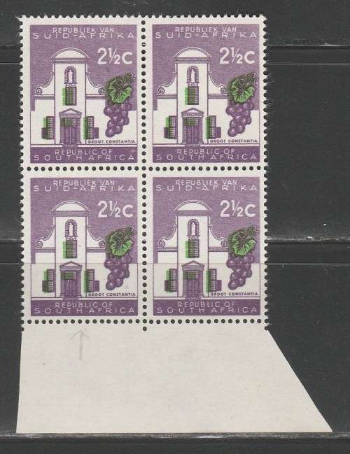 RSA 1961 1ST DEF 2and1/2c MNH MARGINAL BLOCK OF 4 SACC 212a WITH SHIFT OF GREEN