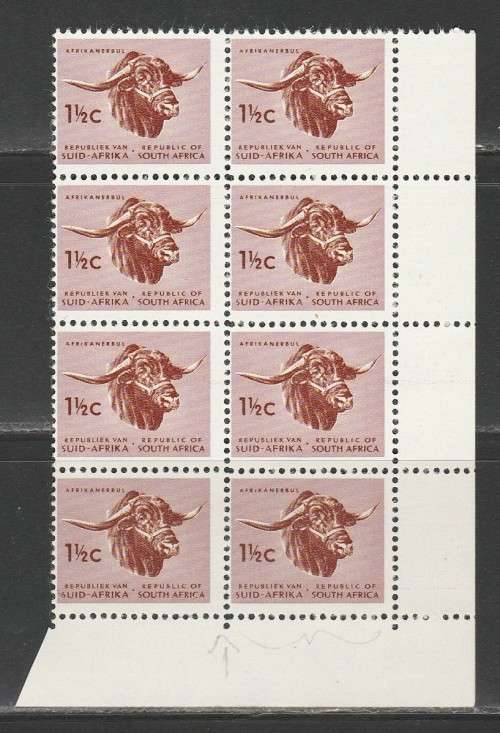 RSA 1967 1ST DEF 1and1/2c MNH CORNER BLOCK OF 8 SACC 263 WITH MISALIGNED PERFS