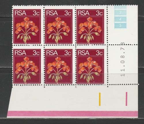 RSA 1973 2ND DEFINITIVE FLOWERS 3c MHN DATE BLOCK OF 6 DATED 11/8/73