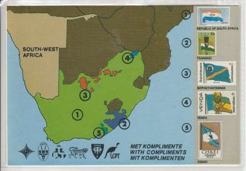 RSA 1988 SAPO ADVERTISING FOLDER WITH 6 MNH STAMPS OF ALL TERRITORIES