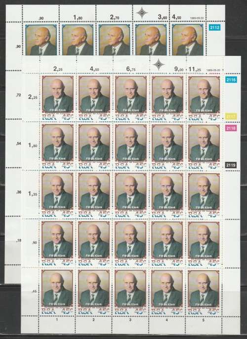 RSA 1989 STATE PRESIDENT FW DE KLERK SET OF 2 MNH FULL SHEETS OF 25
