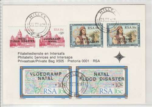 RSA 1988 FLOOD DISASTER COM CARD WITH 3 USED PAIRS D/S HILLEX 23/3/88