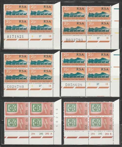 RSA 1969 100TH ANNIV ZAR SWISS PAPER SET OF 6 MNH CONTROL BLOCKS OF 4