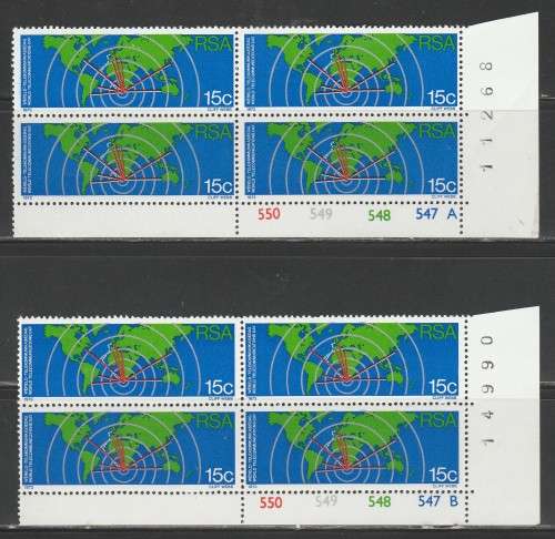 RSA 1973 TELECOMMUNICATIONS SET OF 2 MNH CONTROL BLOCKS OF 4 WITHOUT WMK