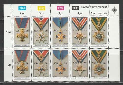 RSA 1990 NATIONAL ORDERS MNH EXTENDED CONTROL BLOCK OF 10