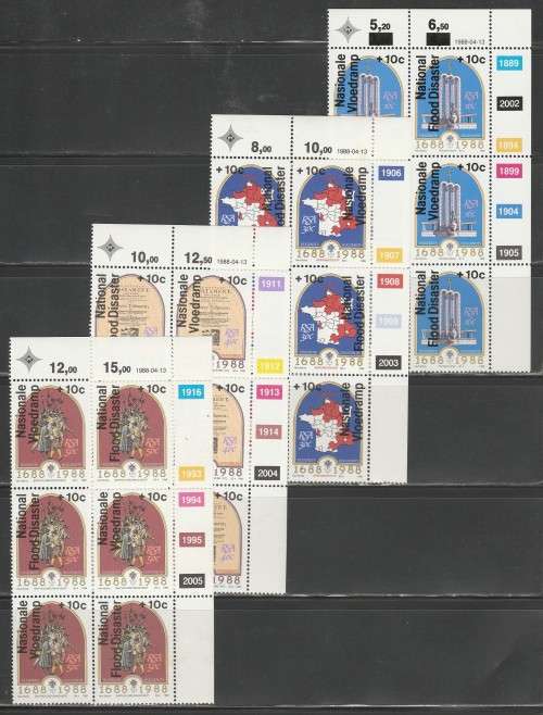 RSA 1988 FRENCH HUGUENOTS SET OF 4 MNH EXTENDED CONTROL BLOCKS OF 6 WITH FLOOD RELIEF OVERPRINT
