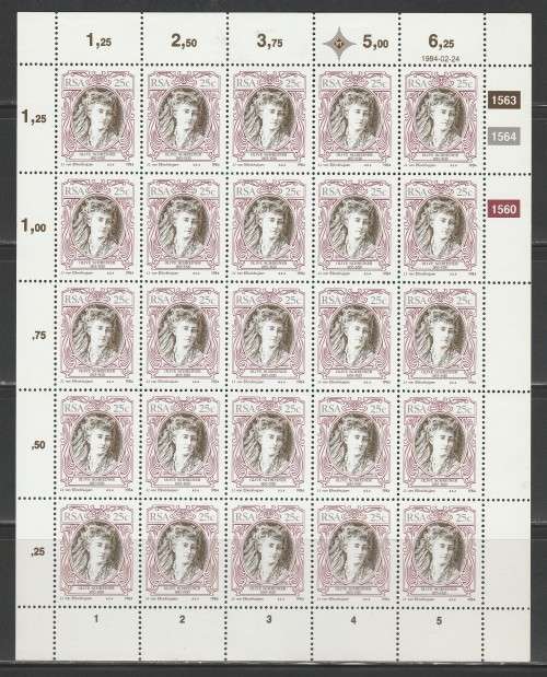 RSA 1984 ENGLISH AUTHORS 25c MNH FULL SHEET OF 25