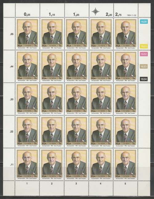 RSA 1984 PW BOTHA 11c MNH FULL SHEET OF 25