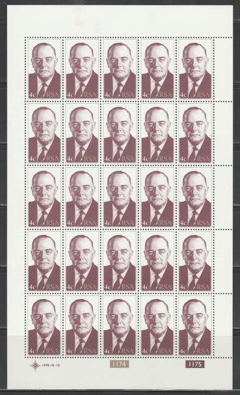 RSA 1978 BJ VORSTER 4c PERF 12 1/2 MNH FULL SHEET OF 25 IMPERF TOP BOTTOM LEFT MARGINS