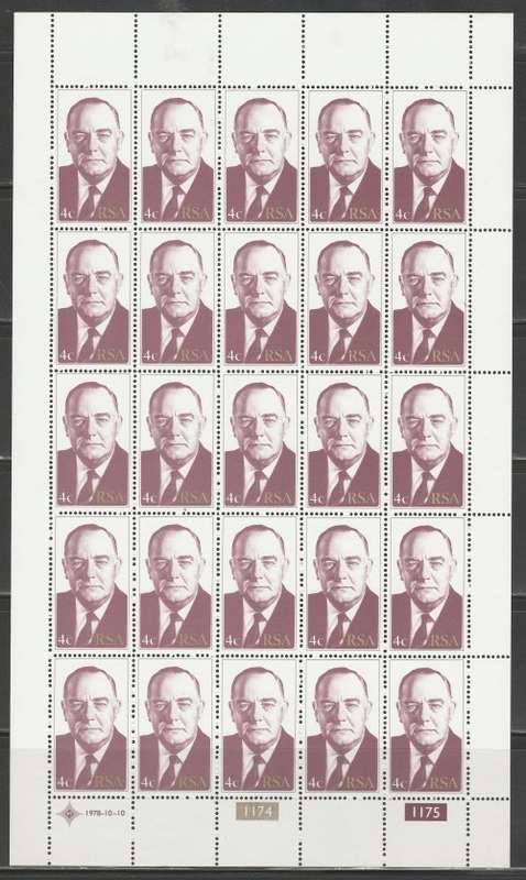 RSA 1978 BJ VORSTER 4c PERF 14 MNH FULL SHEET OF 25 IMPERF LEFT MARGIN