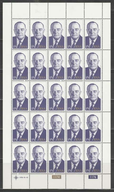 RSA 1978 BJ VORSTER 15c PERF 14 MNH FULL SHEET OF 25 IMPERF LEFT MARGIN