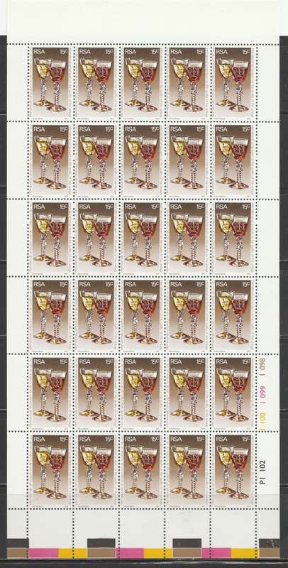 RSA 1977 WINE SYMPOSIUM 15c MNH FULL SHEET OF 30 IMPERF TOP MARGIN BLACK/BROWN BOTTOM RIGHT