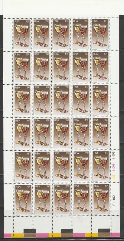 RSA 1977 WINE SYMPOSIUM 15c MNH FULL SHEET OF 30 IMPERF TOP MARGIN PINK BOTTOM RIGHT