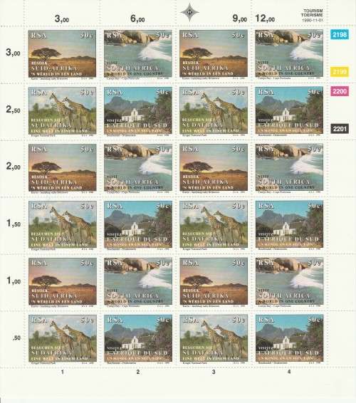 RSA 1990 TOURISM MNH FULL SHEET OF 24 WITH IMPERF BOTTOM MARGIN