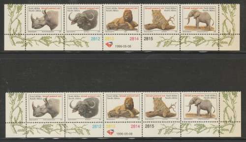 RSA 1996 BIG 5 1ST AND 2ND PRINTING MNH CONTROL STRIPS OF 5