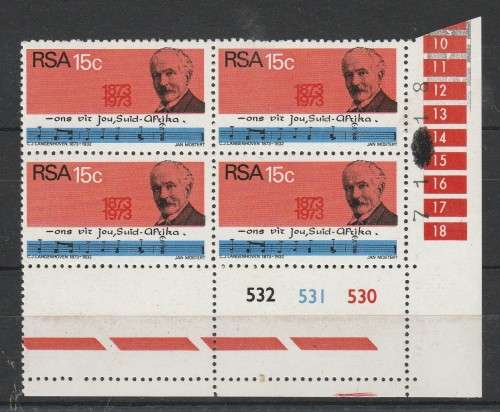 RSA 1973 CJ LANGENHOVEN 15c MNH CONTROL BLOCK OF 4 WITH BLACK BLOB IN MARGIN