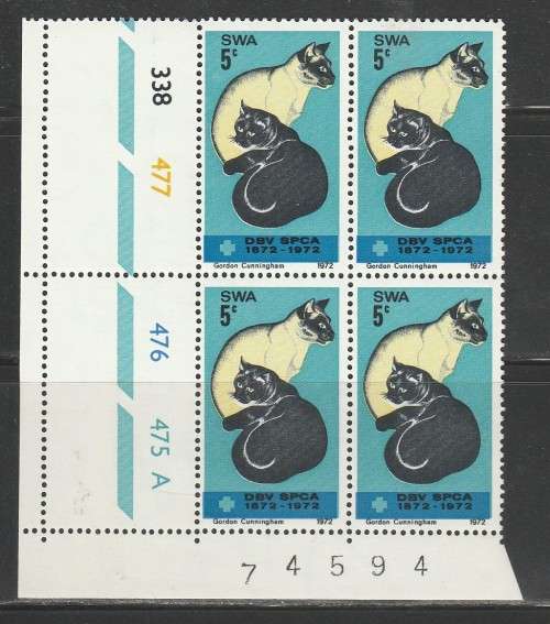 SWA 1972 SPCA MNH CONTROL BLOCK A OF 4