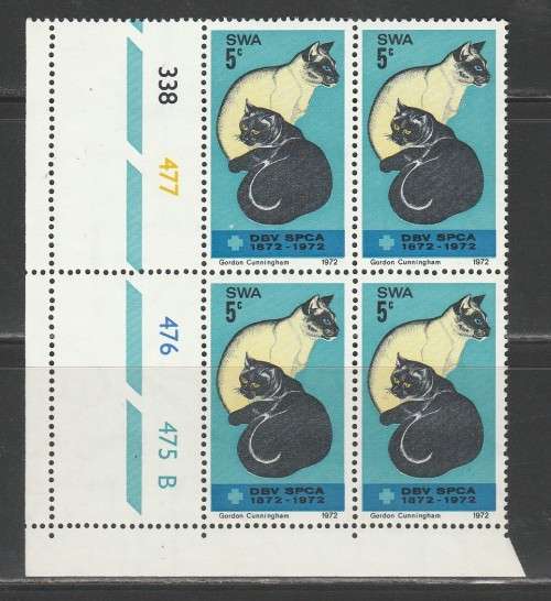 SWA 1972 SPCA MNH CONTROL BLOCK B OF 4