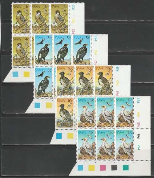SWA 1975 ENDANGERED BIRDS OF PREY SET OF 4 MNH CONTROL BLOCKS OF 6