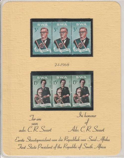 SWA 1968 STATE PRESIDENT CR SWART UPU ISSUE SET OF 2 MNH STRIPS OF 3 WITH 15c ON HARRISON PAPER