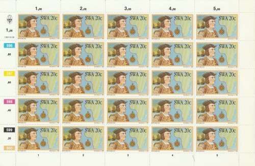 SWA 1982 DISCOVERERS 20c MNH FULL SHEET OF 25