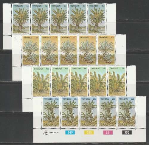 TRANSKEI 1980 CYCADS SET OF 4 MNH CONTROL STRIPS OF 5