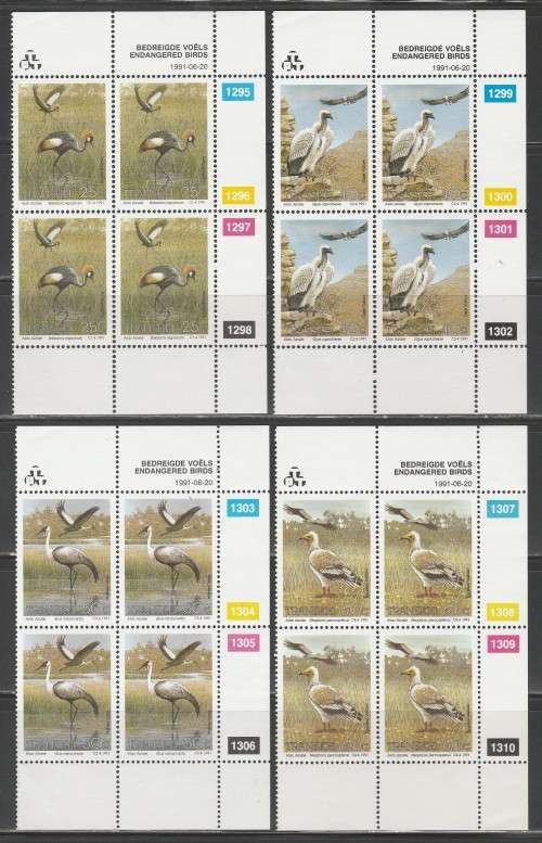 TRANSKEI 1991 ENDANGERED BIRDS SET OF 4 MNH CONTROL BLOCKS OF 4