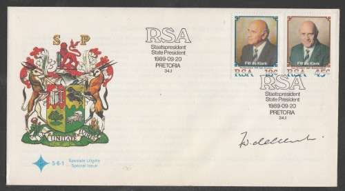 RSA 1989 STATE PRESIDENT FW DE KLERK OFFICIAL FDC 5.61 SPEC SIGNED BY HIM