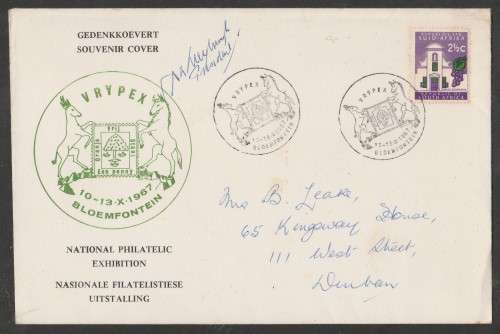 RSA 1967 VRYPEX BLOEMFONTEIN COM COVER SIGNED BY PRESIDENT