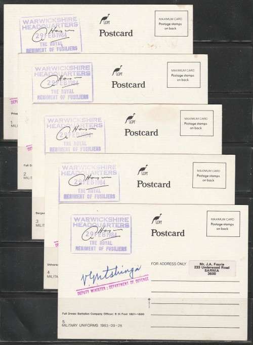 CISKEI 1983 MILITARY UNIFORMS SET OF 5 MAXI CARDS ALL SIGNED AS PER SCAN