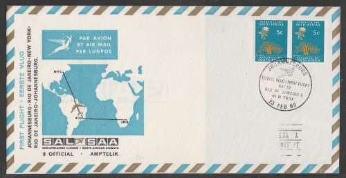 RSA 1969 SAA 1ST FLIGHT JHB-NEW YORK BOEING 707 UNADDRESSED OFFICIAL FDC 9 WITH NO `PRINTED MATTER`
