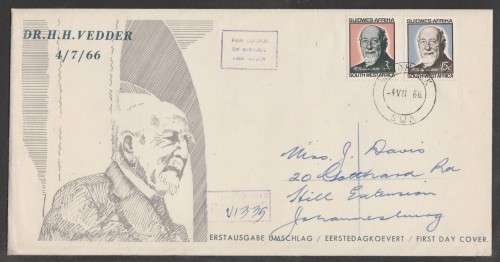SWA 1966 DR HH VEDDER REG ILLUSTRATED PRIVATE FDC ADDRESSED TO JHB