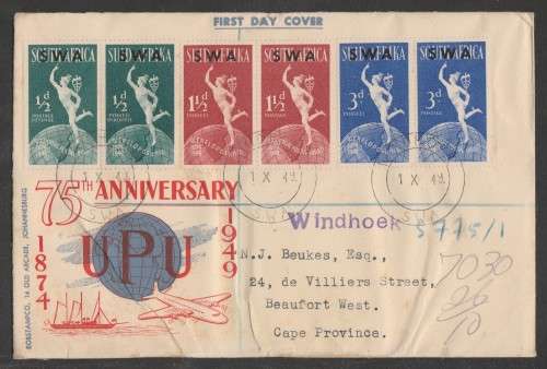 SWA 1949 75TH ANNIV UPU REG ILLUSTRATED PRIVATE FDC ADDRESSED TO BEAUFORT WEST