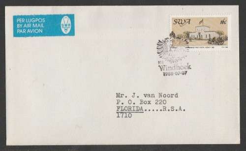 SWA 1988 POSTAL SERVICES AIRMAIL PRIVATE FDC WITH SPEC WINDHOEK D/S 7/7/88