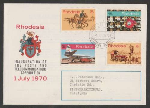 RHODESIA 1970 INAUGURATION P AND T CORPORATION OFFICIAL FDC
