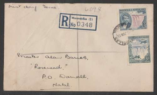 RHODESIA and NYASALAND 1955 CENTENARY DISCOVERY VICTORIA FALLS REG PRIVATE FDC
