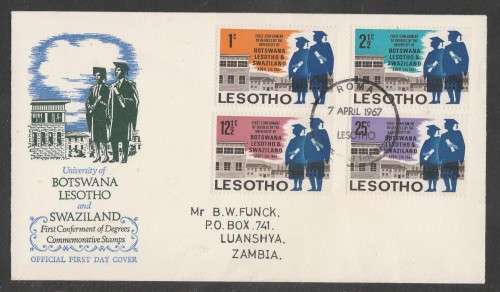 LESOTHO 1967 UNIVERSITY OFFICIAL FDC ADDRESSED TO LUANSHYA