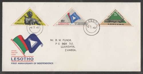 LESOTHO 1967 1ST ANNIV INDEPENDENCE OFFICIAL FDC ADDRESSED TO LUANSHYA