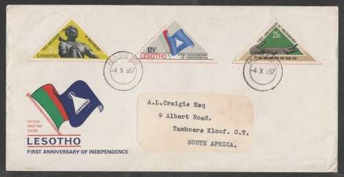 LESOTHO 1967 1ST ANNIV INDEPENDENCE OFFICIAL FDC ADDRESSED TO SA