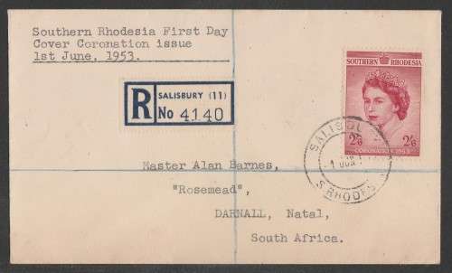 SOUTHERN RHODESIA 1953 CORONATION QEII REG PRIVATE FDC