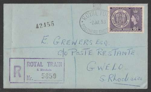 SOUTHERN RHODESIA 1953 ROYAL VISIT REG COM COVER WITH ROYAL TRAIN D/S