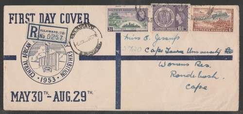 SOUTHERN RHODESIA 1953 EXHIBITION REG ILLUSTRATED OFFICIAL FDC