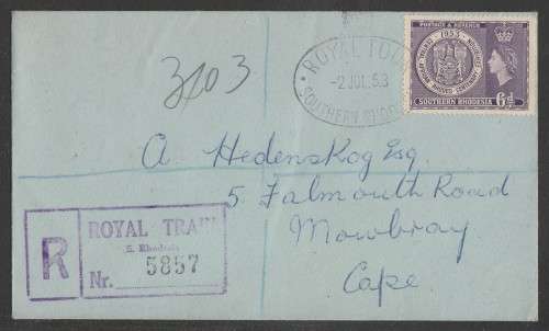 SOUTHERN RHODESIA 1953 RHODES CENTENARY ON REG COM COVER WITH ROYAL TOUR D/S
